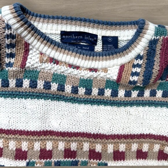 Vintage Northern Isles Hand Knit Sweater Geometric Stripe Ramie Cotton M - Picture 2 of 4